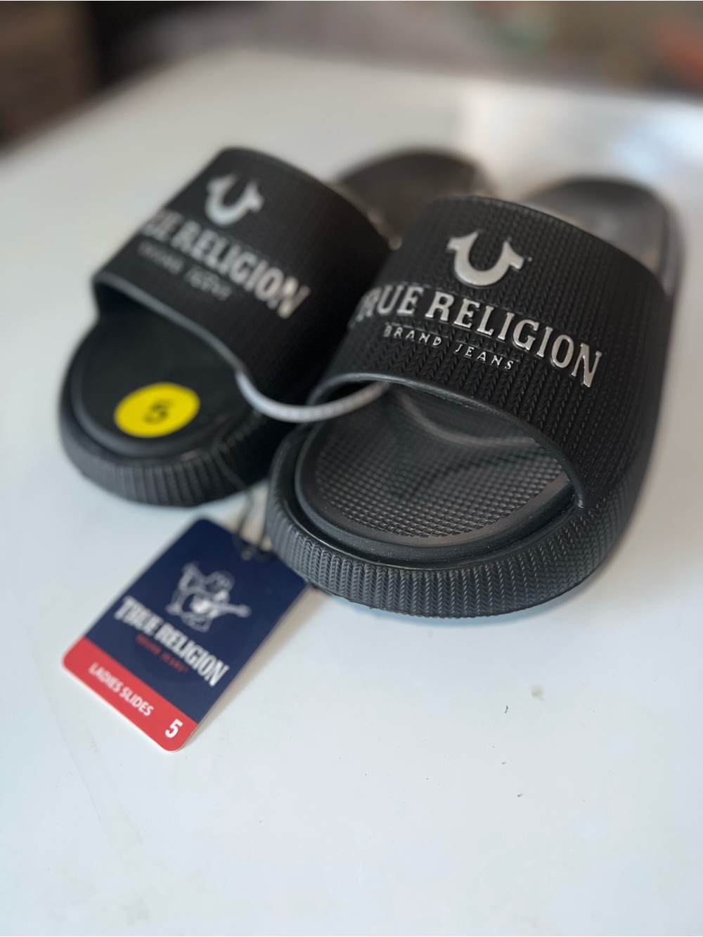 True Religion Black Logo Slide Sandals for Women